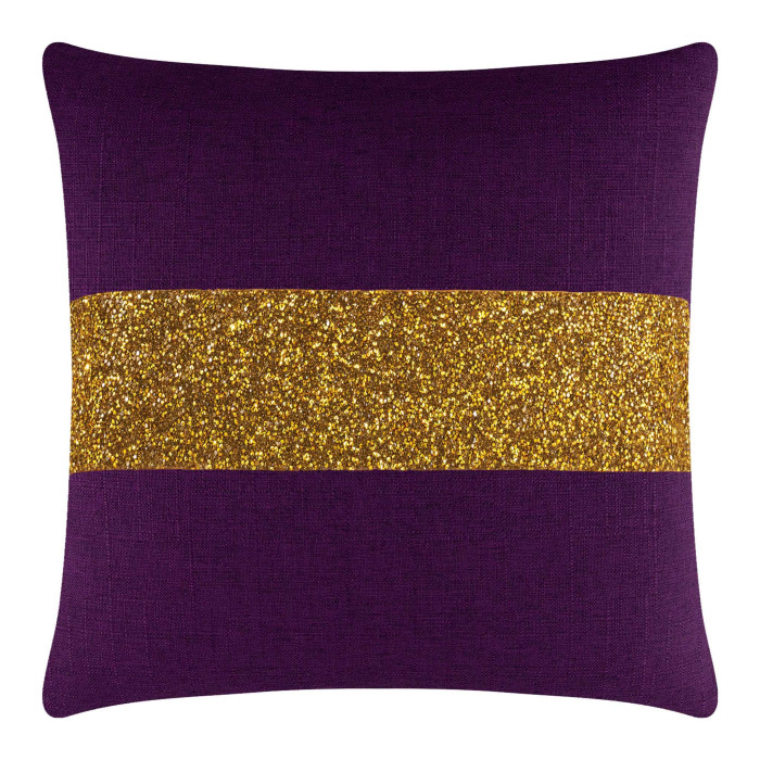 Purple pillow with a gold glitter stripe made of woven fabric featuring a smooth texture and a plush appearance.