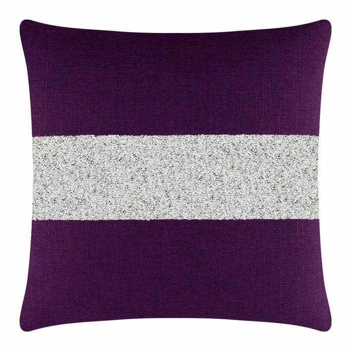 Square pillow with a deep purple woven fabric and a wide silver rhinestone stripe in the center.