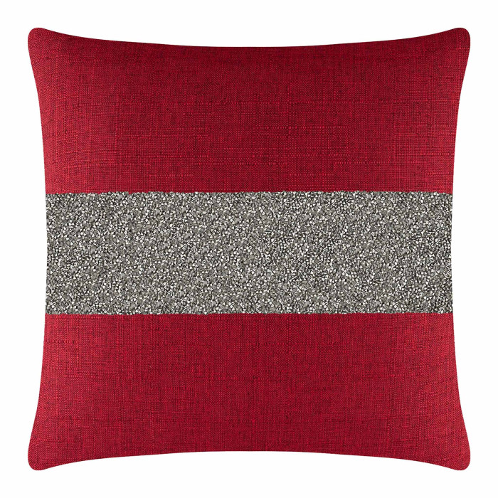 Red woven pillow with a horizontal silver rhinestone stripe featuring a square shape and a textured fabric surface.