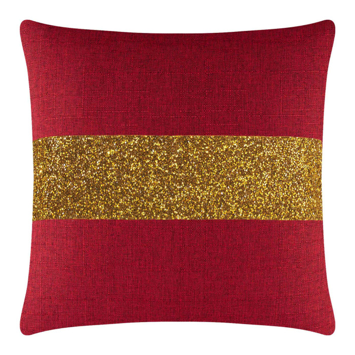 Red woven pillow featuring a glittery gold rhinestone stripe across the center.