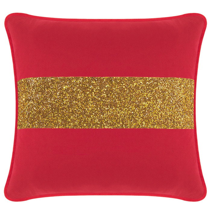 Red velvet pillow featuring a gold glitter stripe across the center with a plush texture and piped edges.