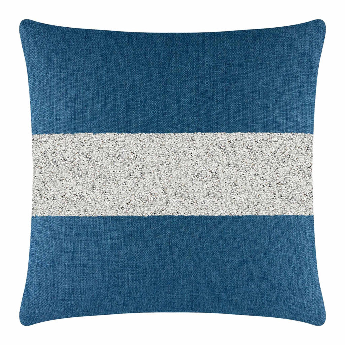 Square pillow with a royal blue woven fabric and a wide silver rhinestone stripe across the center.