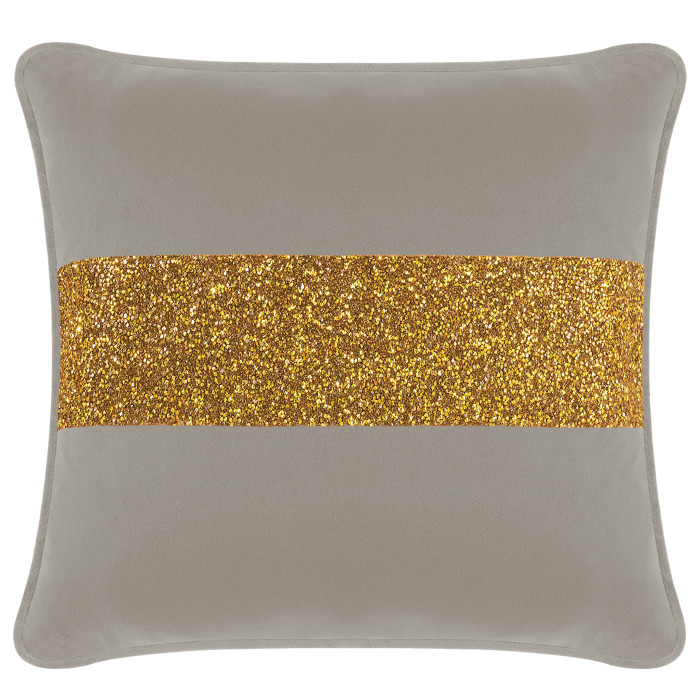 Square pillow in silver velvet with a gold glitter stripe across the center featuring a smooth texture and plush edges.