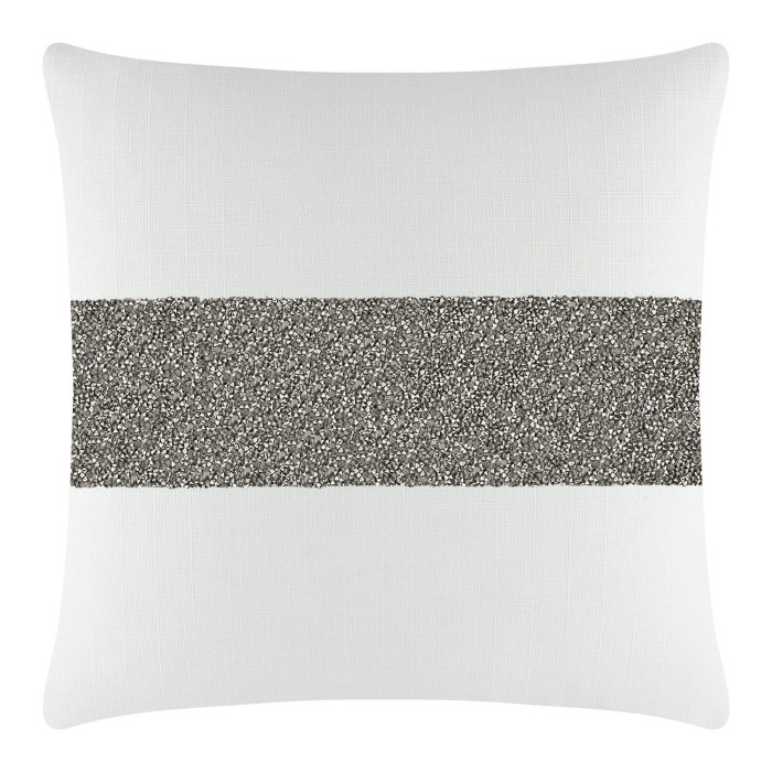 Square pillow with a white textured fabric and a wide charcoal rhinestone stripe across the center.