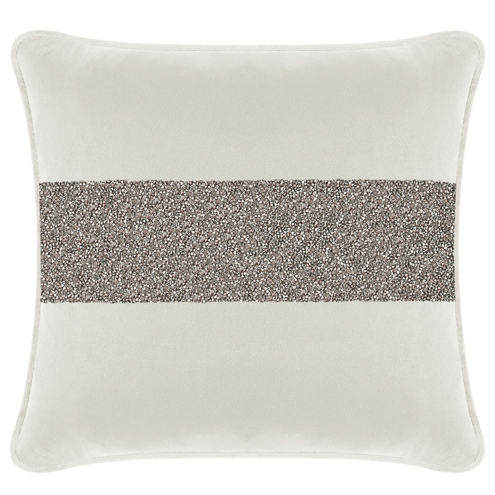 White velvet pillow with a charcoal rhinestone stripe square shape and piped edges.