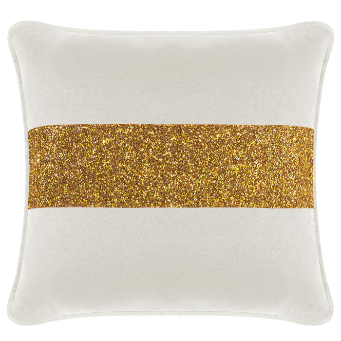 White velvet pillow with a gold glitter stripe square shape plush texture and piped edges.