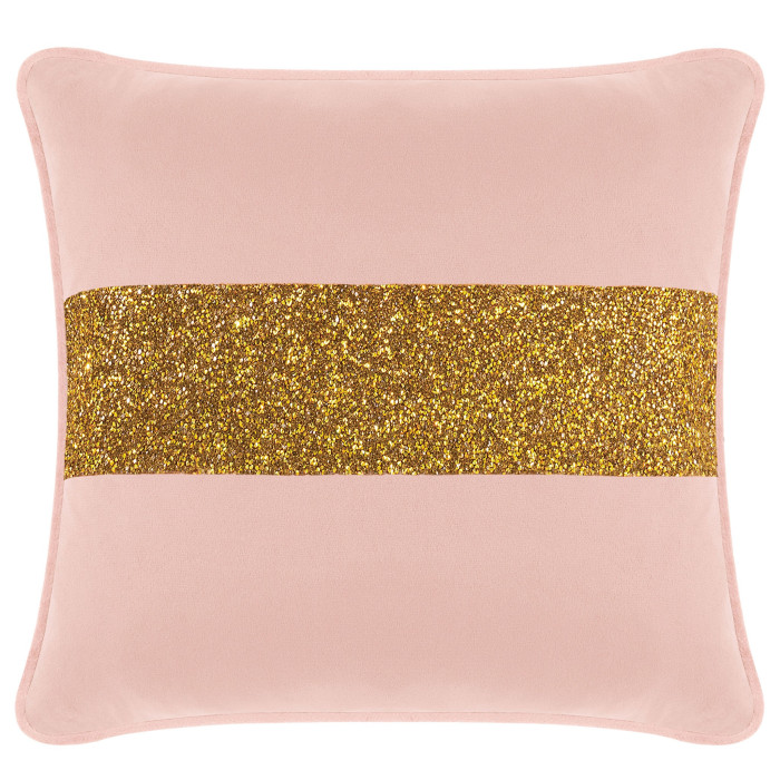 Square pillow in blush velvet fabric with a gold rhinestone stripe across the center.