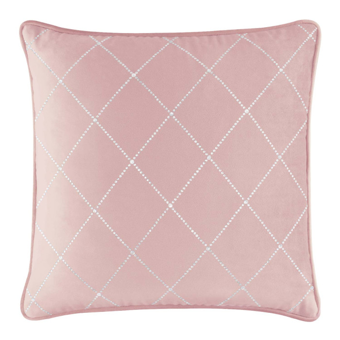 Blush velvet square pillow with a diamond pattern of shimmering rhinestones and a piped edge.