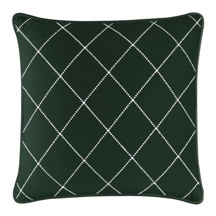 Emerald green velvet pillow with white rhinestone diamond pattern and piped edges.