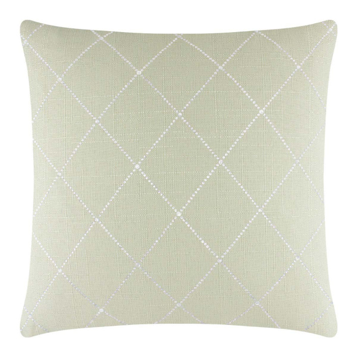 Square light green linen pillow with white diamond pattern and rhinestone embellishments.