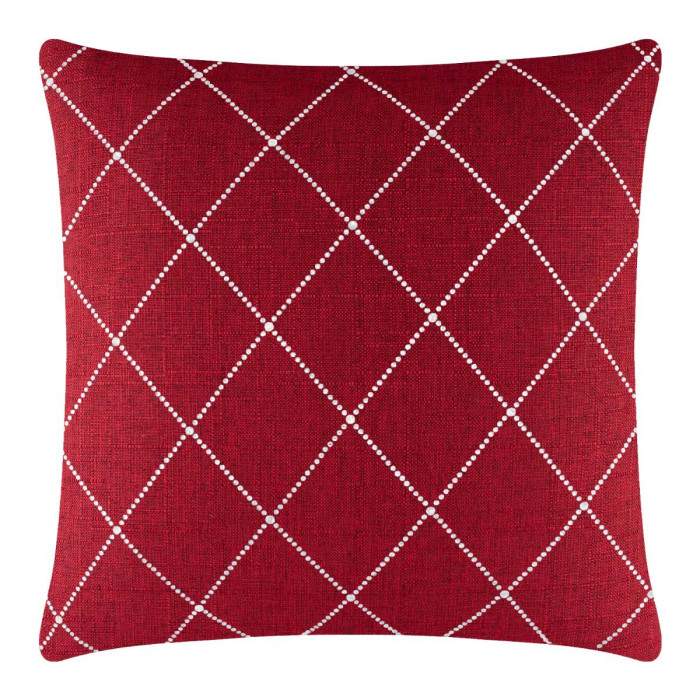 Red woven pillow with white rhinestone diamond pattern and a textured surface.