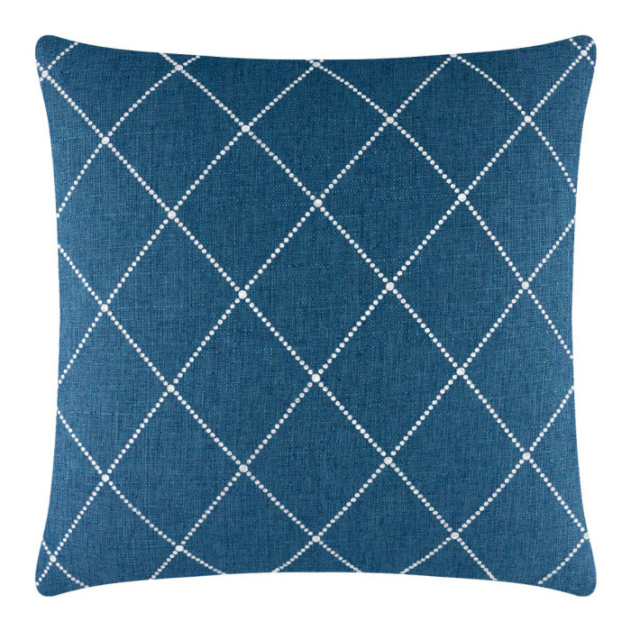 Square pillow in deep teal woven fabric with white rhinestone diamond pattern and piped edges.