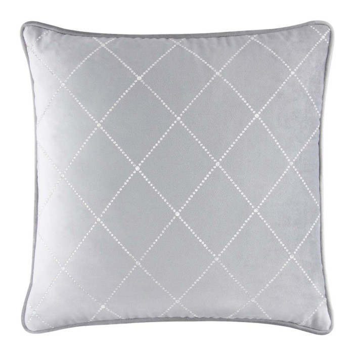 Silver velvet pillow with diamond pattern embellished with rhinestones and a gray piped edge.