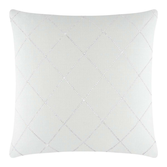 Square white pillow with a textured surface featuring a diamond pattern of shimmering rhinestones.