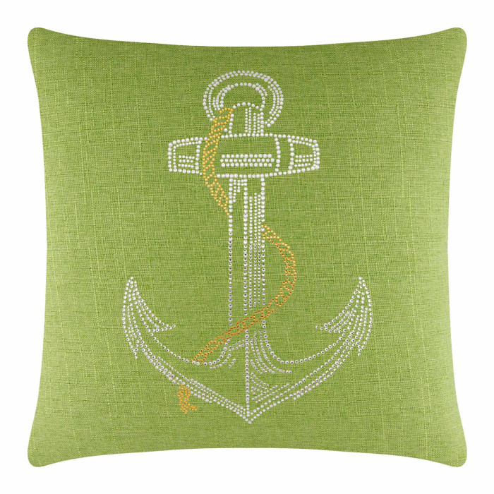 Lime green square pillow with a textured fabric featuring a rhinestone anchor design and an orange rope detail.