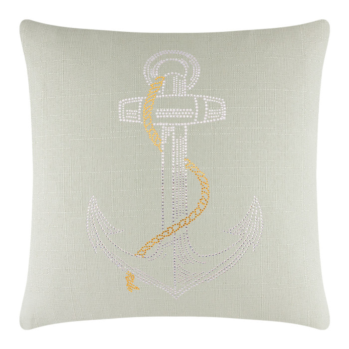 Light green linen pillow featuring a rhinestone anchor design with silver and gold embellishments.