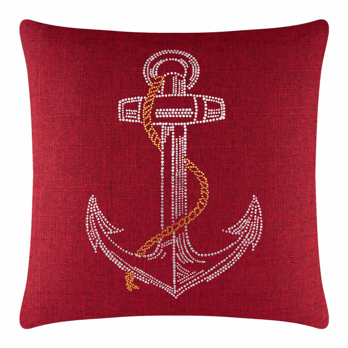 Red textured pillow featuring a rhinestone anchor design with a gold rope detail.