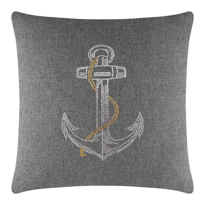Gray linen pillow featuring a rhinestone anchor design with a gold chain detail.