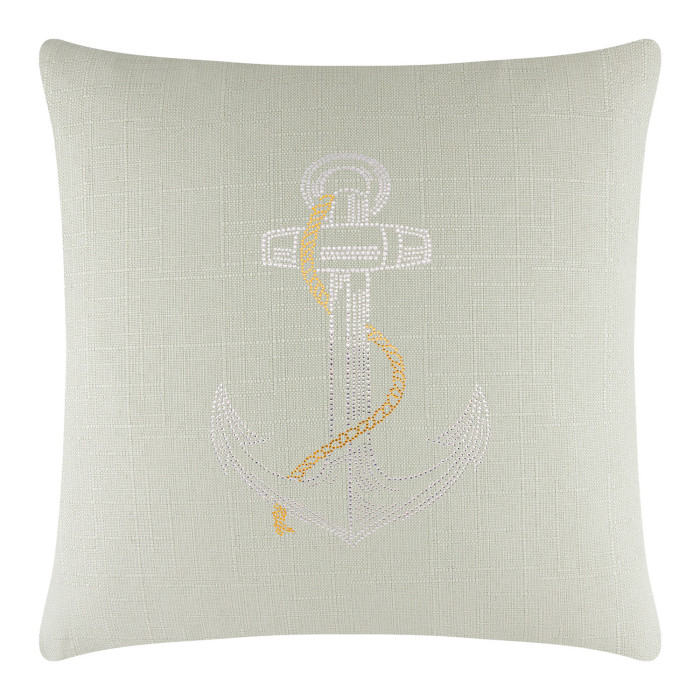 Square light green linen pillow featuring a rhinestone anchor design with yellow accents and a textured surface.