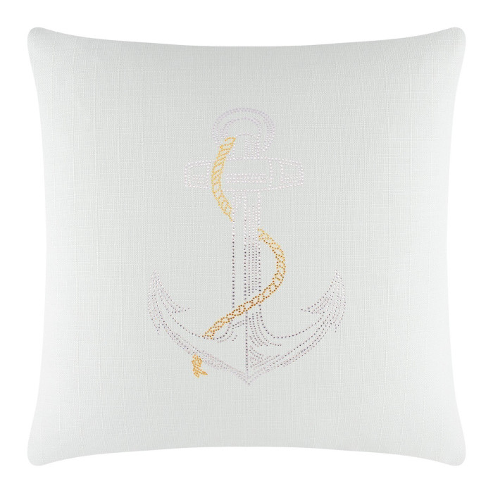 Square white pillow with a textured surface featuring a rhinestone anchor design in silver and gold tones.