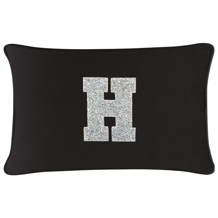 Black velvet rectangular pillow featuring a large silver rhinestone monogram letter "H" in the center.