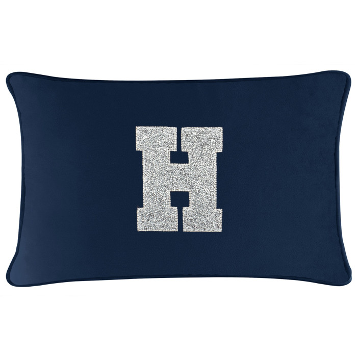 Navy velvet pillow with a large silver rhinestone monogram letter H on the front rectangular shape soft texture.