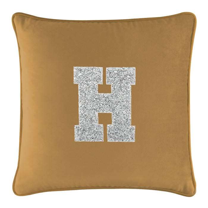 Gold velvet pillow with a large silver rhinestone monogram letter "H" in the center square shape soft texture.
