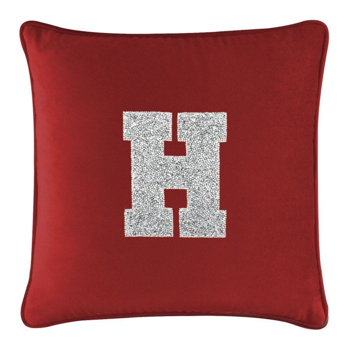 Red velvet pillow with a large rhinestone-embellished letter "H" in the center square shape soft texture.