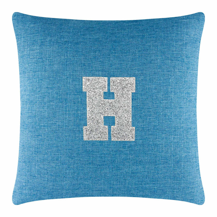 Aqua textured pillow featuring a silver rhinestone monogram letter "H" in the center.