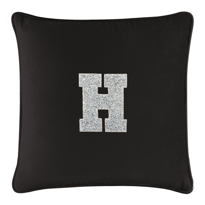 Black velvet pillow featuring a large rhinestone-embellished letter "H" in the center square shape soft texture.