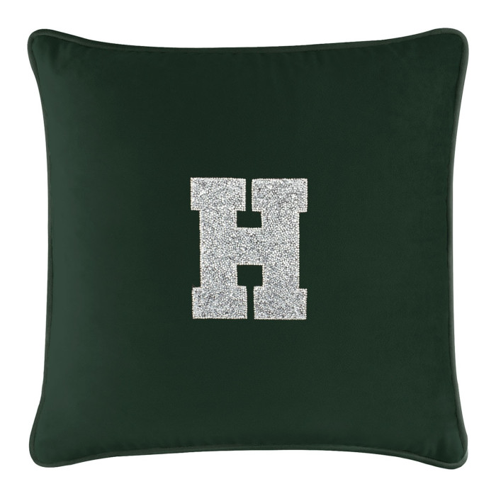 Emerald green velvet pillow with a silver rhinestone monogram letter "H" in the center.