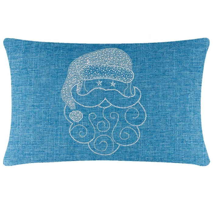 Aqua rectangular pillow with a textured fabric featuring a rhinestone Santa face design in white and silver accents.
