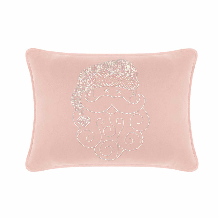 Blush velvet rectangular pillow featuring a rhinestone-adorned Santa face with curly beard and hat design.