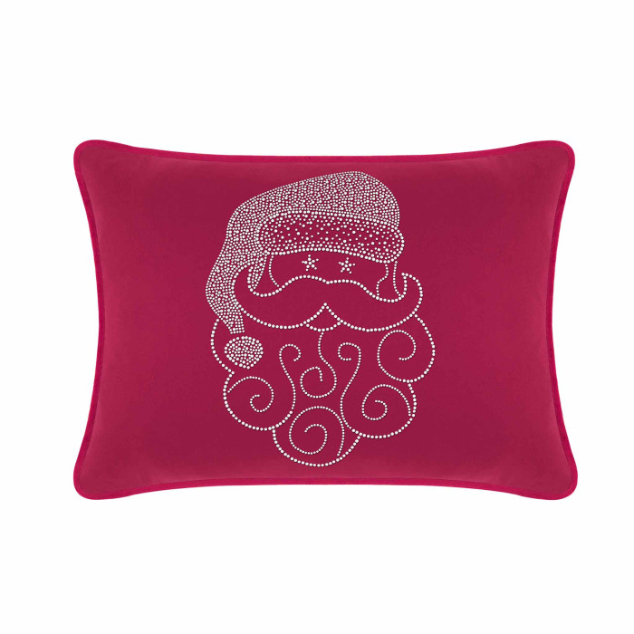 Fuchsia velvet rectangular pillow featuring a rhinestone-embellished Santa face with swirly beard and hat design.