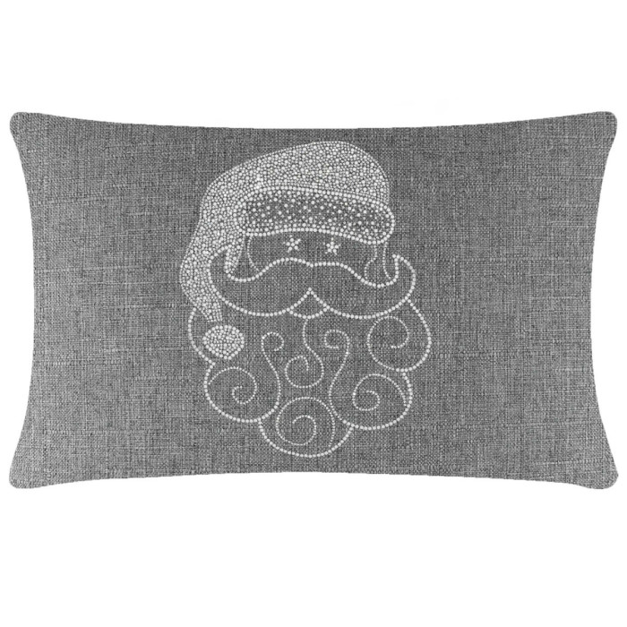 Gray rectangular pillow featuring a Santa face design embellished with sparkling rhinestones on a textured surface.