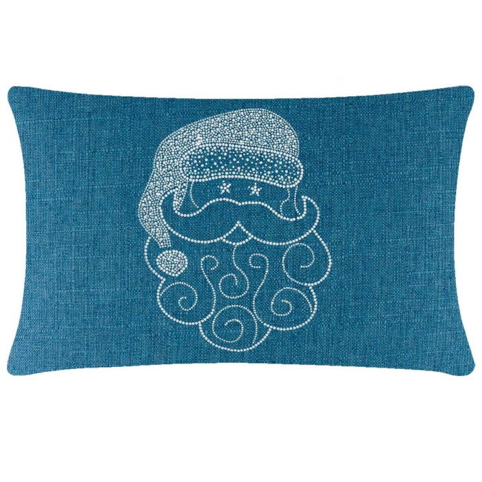 Rectangular teal pillow featuring a white rhinestone Santa face with a curly beard and a hat.