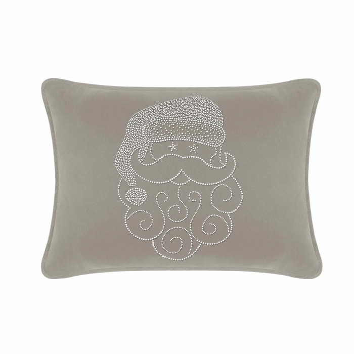 Silver velvet pillow featuring a Santa design embellished with white rhinestones on a smooth surface.