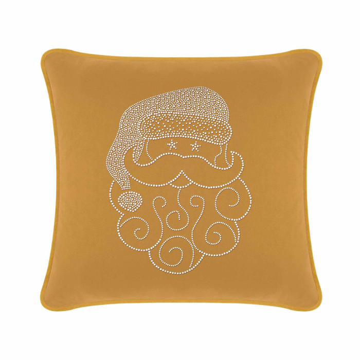 Gold velvet pillow featuring a Santa face design embellished with white rhinestones and decorative swirls.