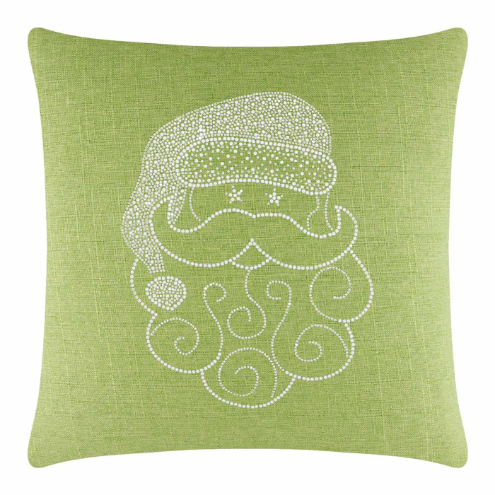 Lime green pillow featuring a Santa design made of white rhinestones with curly beard and hat details.