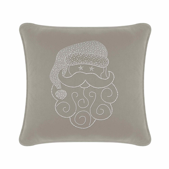 Silver velvet pillow featuring a Santa design with rhinestone embellishments and a smooth texture square shape 16x16 inches.