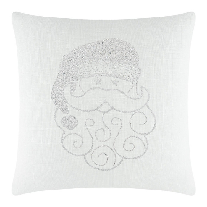 White square pillow featuring a Santa face design with sparkling silver rhinestones and swirled beard details.