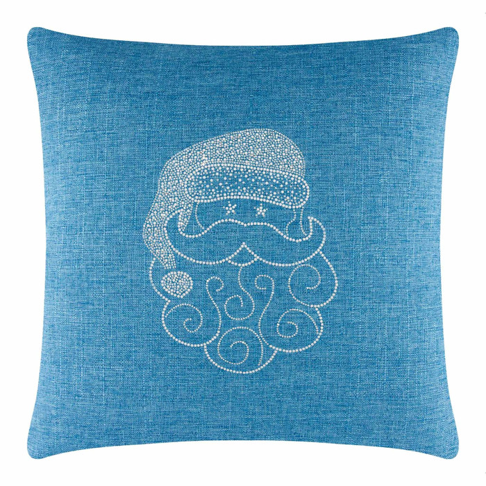 Aqua square pillow featuring a rhinestone-embellished Santa face with a curly beard and hat on a textured background.