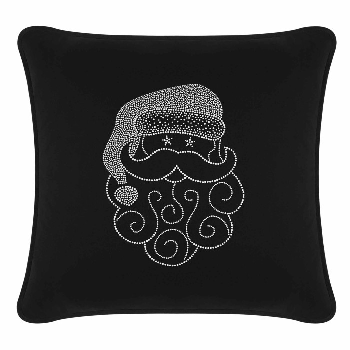 Black velvet pillow featuring a rhinestone-embellished Santa face with a curly beard and a hat.