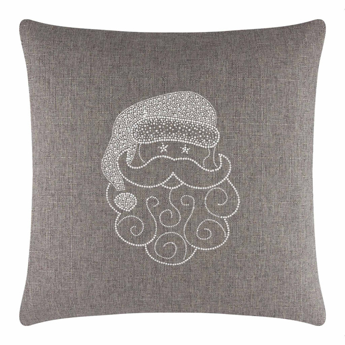 Square brown pillow with a textured fabric featuring a white rhinestone Santa face design.
