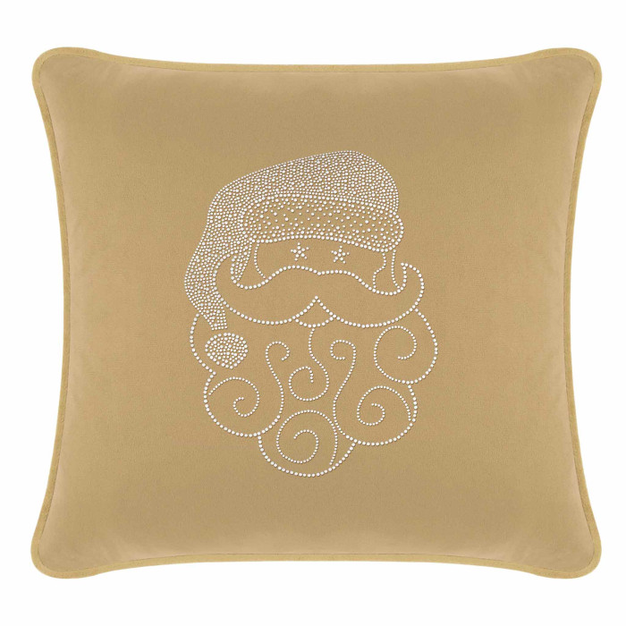 Champagne velvet pillow featuring a Santa face design embellished with white rhinestones and decorative swirls.