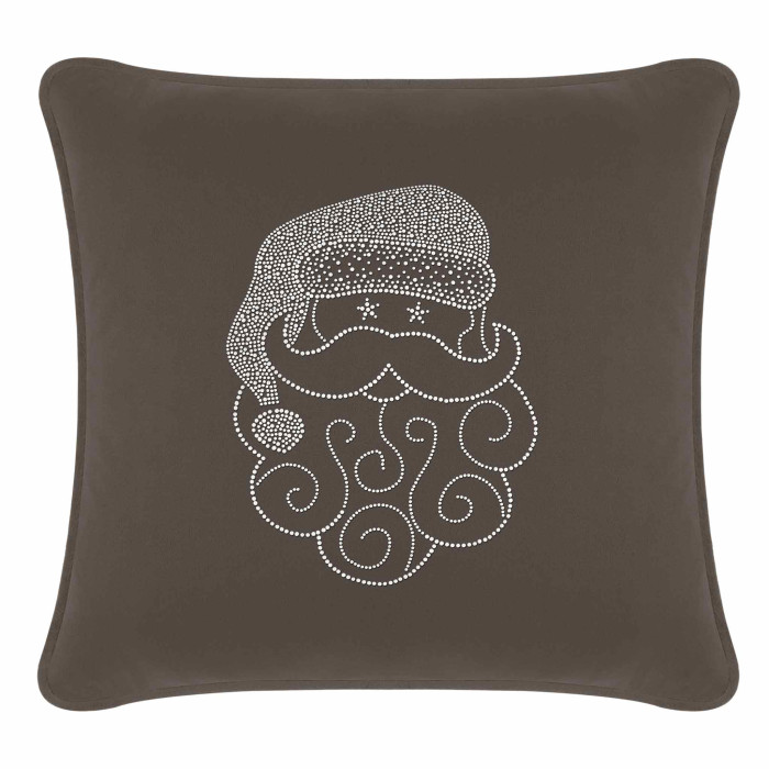 Charcoal velvet pillow featuring a Santa design embellished with rhinestones and decorative swirls in white.