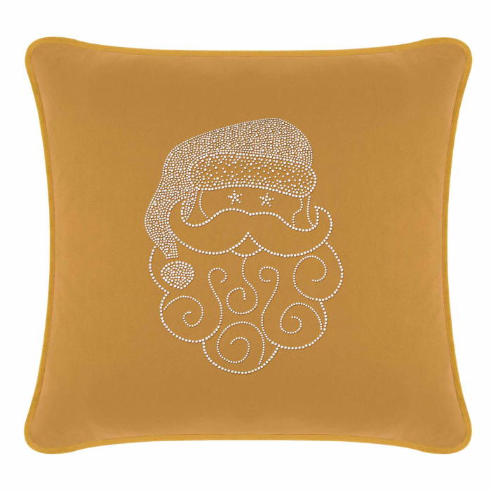 Gold velvet pillow featuring a Santa design made of white rhinestones with swirled beard and hat details.