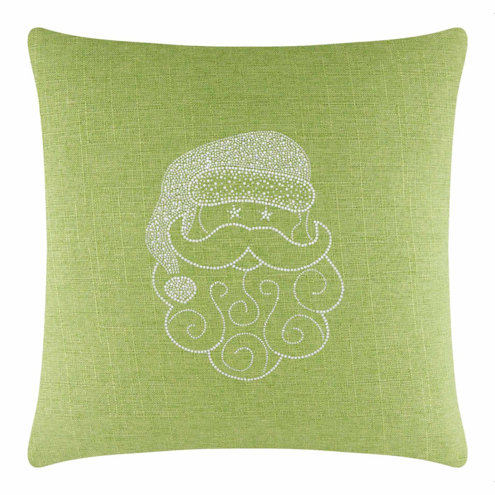 Lime green square pillow featuring a Santa face design embellished with sparkling rhinestones and swirled beard details.