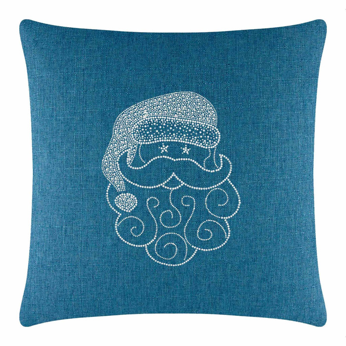 Square teal pillow featuring a rhinestone-embellished Santa face with a curly beard and hat design.