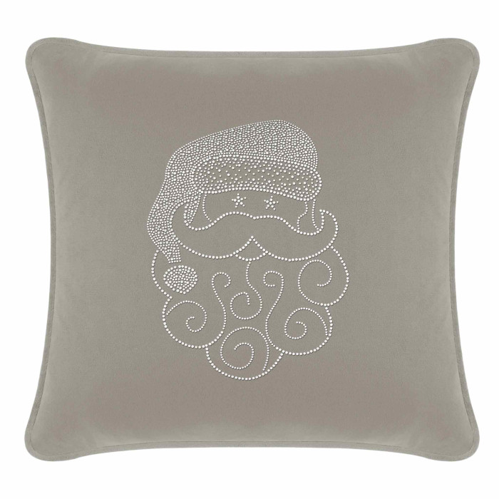 Silver velvet pillow featuring a Santa face design embellished with white rhinestones and swirled beard details.